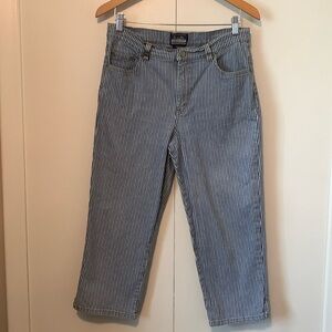 Vintage B.U.M Equipment Blue & White Vertical Stripe Jean Capris Size Missy 12